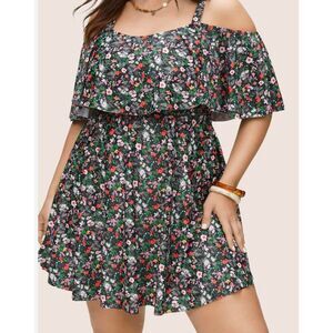 BloomChic Ditsy Floral Ruffles Cold Shoulder Swim Dress One Piece Swimsuit 14-16
